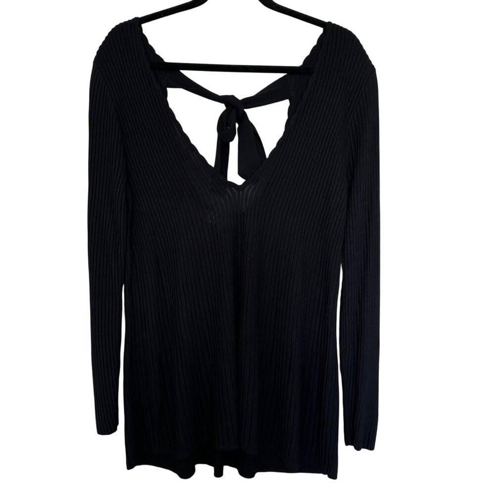 Sezane Brigitte Ribbed Long Sleeve Mini Dress Black Size M V-Neck Tie Back